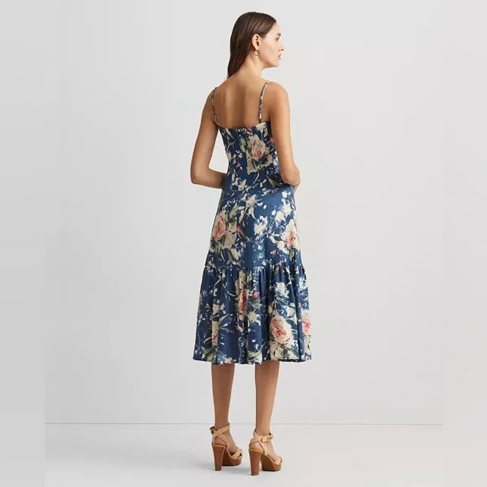 Lauren Ralph Lauren Blue Floral Spaghetti-Strap Midi Dress with Ruffled Hem